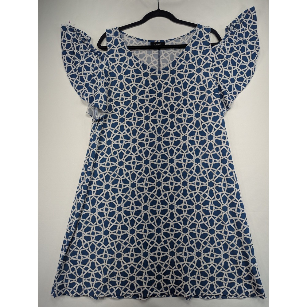 MSK Cold Shoulder Ruffle‎ Sleeve Geometric Print Dress Blue White Size Large